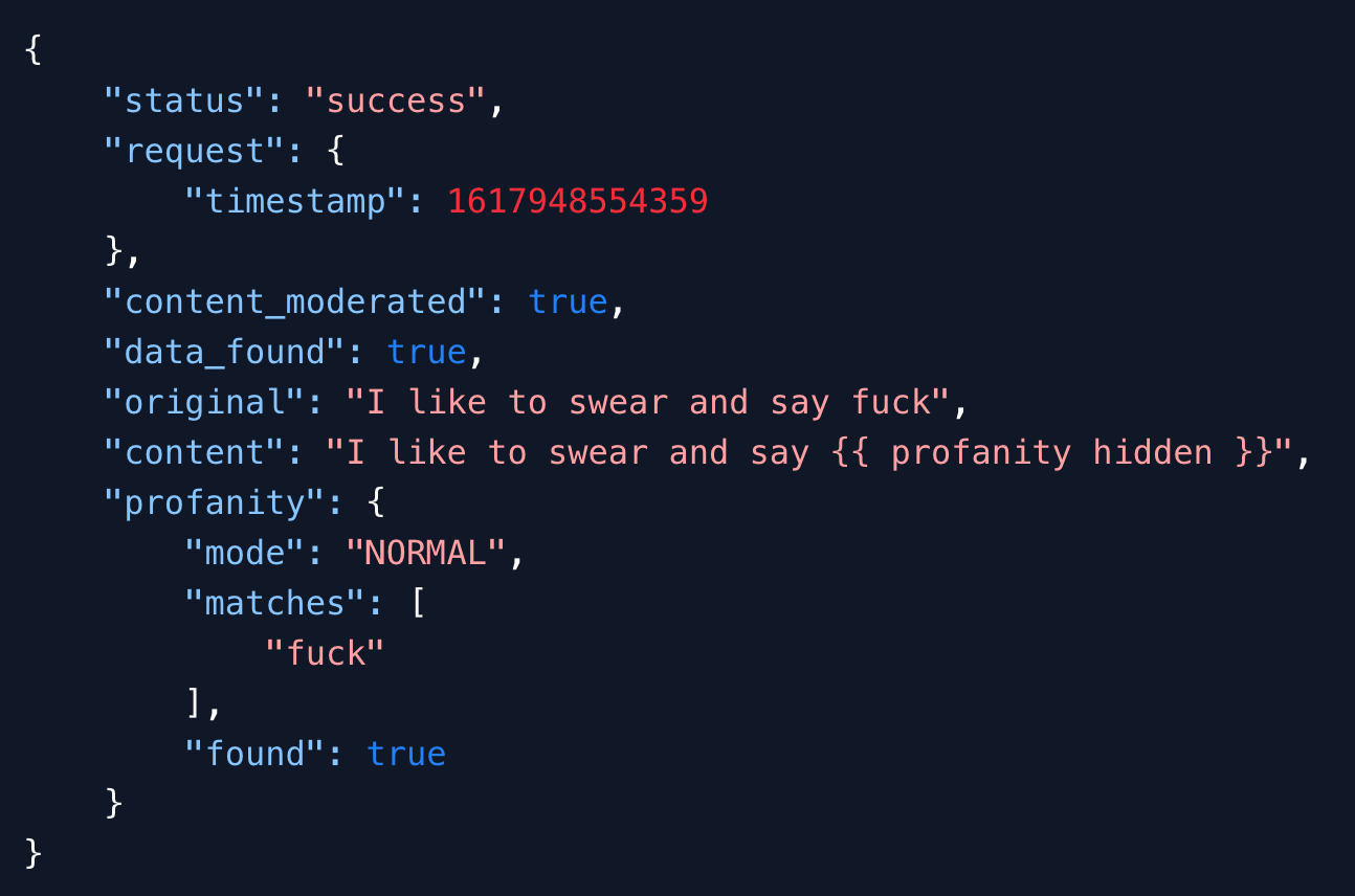 Moderation API Profanity response with swear words filtered out